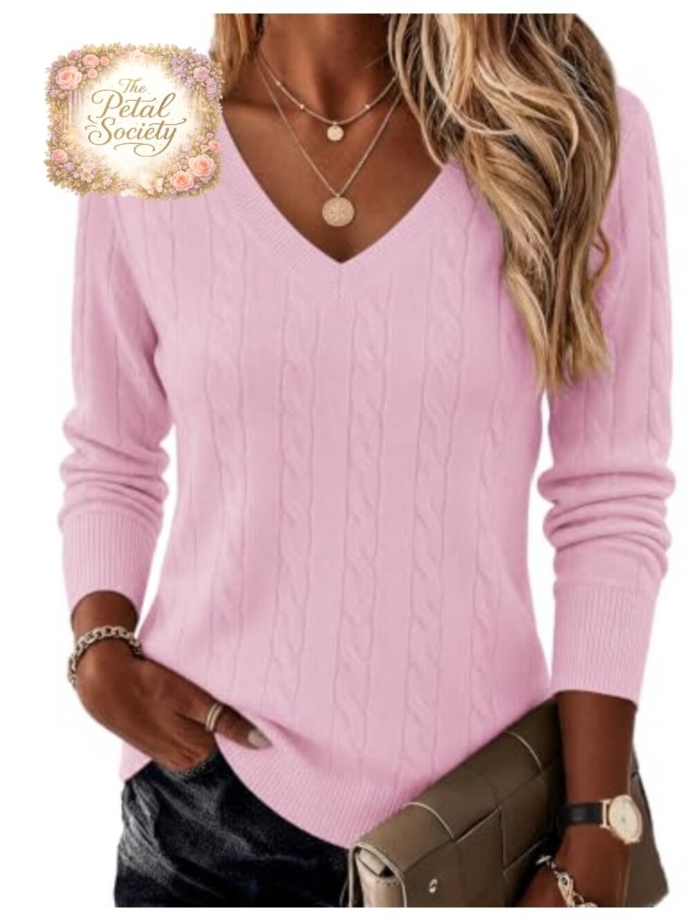 Cable Knit V Neck Long Sleeve Pullover Sweater